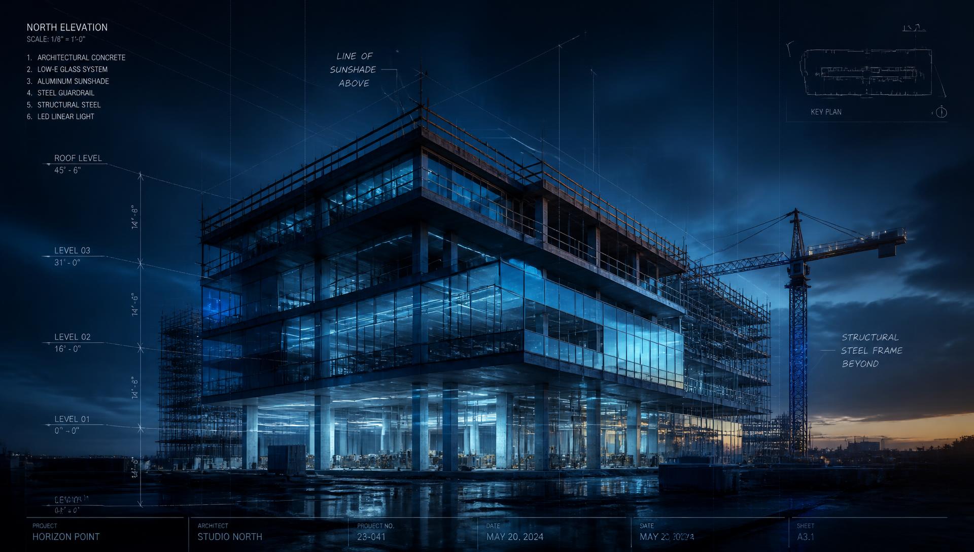 Architectural blueprint overlay on a modern building under construction at dusk